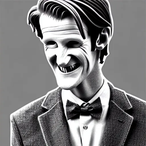 Image similar to beautiful lifelike award winning pencil illustration of the 1 1 th doctor matt smith smiling, whole body cinematic atmospheric, highly detailed, beautiful and realistic faces