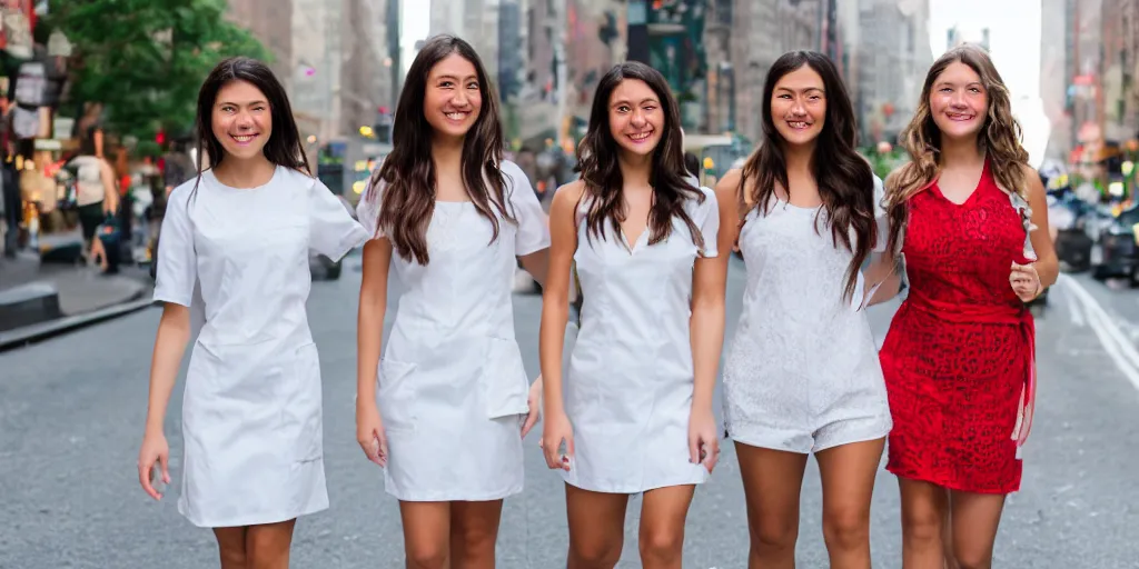 Image similar to 3 beautiful young woman plaque doctors wearing white wet short sun dresses walking toward the camera in the streets of new york, ultra realistic, 8 k, nikon d 3 0 0,