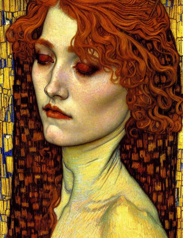 Image similar to detailed realistic beautiful young medieval queen face portrait by jean delville, gustav klimt and vincent van gogh, art nouveau, symbolist, visionary, gothic, pre - raphaelite, muted earthy colors, desaturated