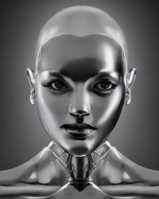 Image similar to realistic photo portrait of a metal woman with human head in the style of hajime sorayama, studio lighting, 1 5 0 mm