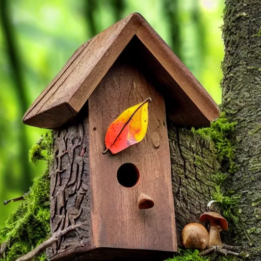 Image similar to wooden birdhouse in a tree in the rain forest, mushrooms and leaves on the birdhouse, backlit, realistic, beautiful lighting