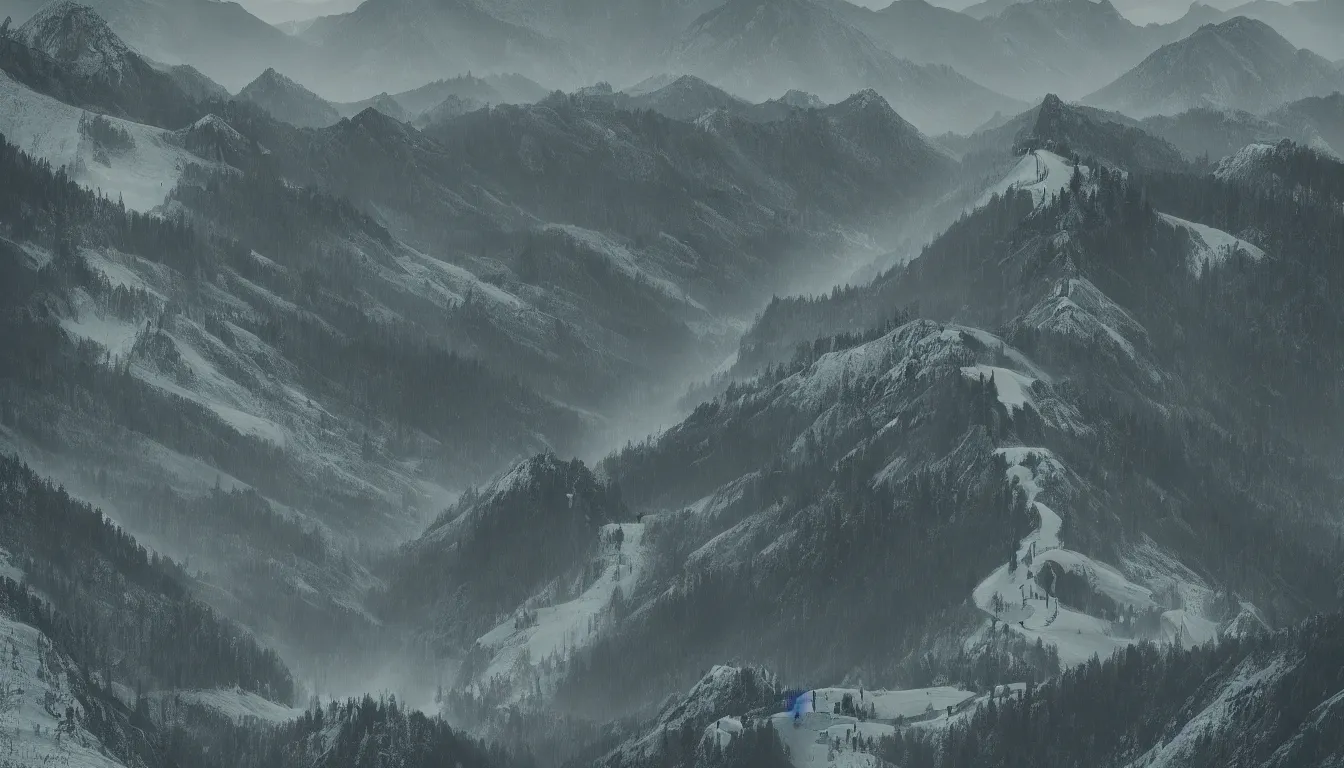 Image similar to hikers going up a mountain, view from above, silhouette victor ngai