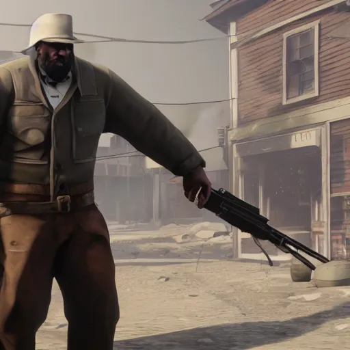 Prompt: Film still of the heavy from team fortress 2 in a town from Red Dead Redemption 2 (2018 video game), concept art