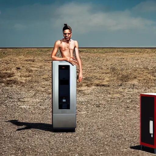 Image similar to a model wearing street fashion stands in a vast empty landscape next to a drinks vending machine