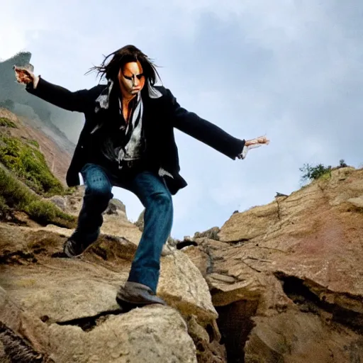 Image similar to johnny depp falling down a cliff with the camera pointing downwards at his face as you can see him scream while falling down the cliff, realistic, movie scene, dramatic, hdr, clear image,