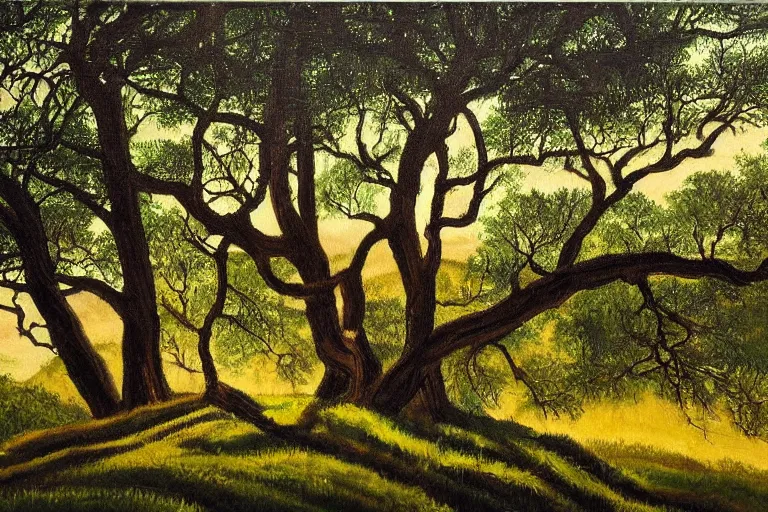 Image similar to masterpiece painting of oak trees on a hillside overlooking a creek, dramatic lighting, by paul o. zelinsky