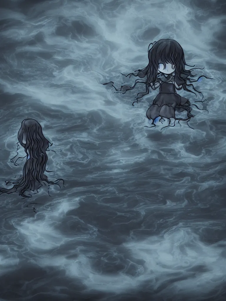 Image similar to cute fumo plush of a cursed frail witch girl sinking into an inky black reflective pond of blackness swirling with strange energetic fluid, volumetric smoke and fog, environment map reflective water, goth, vignette, vray