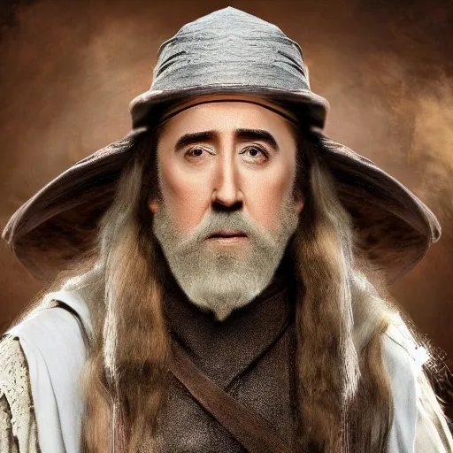 Image similar to drunk nicholas cage as gandalf, detailed, cinematic photo