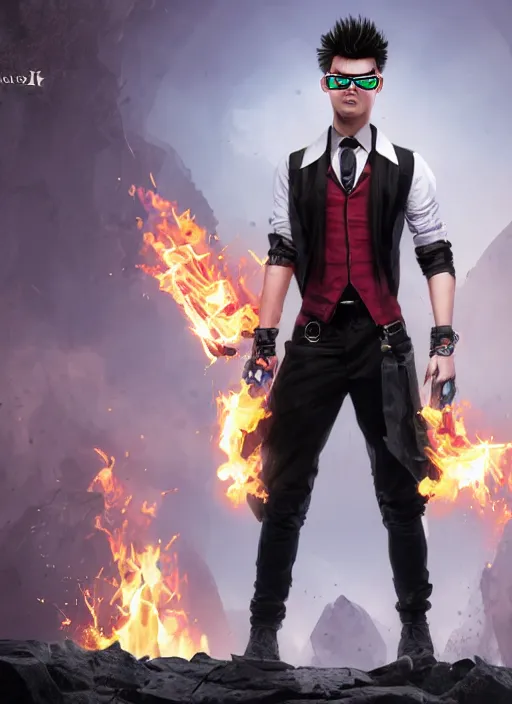 Image similar to An epic fantasy comic book style portrait painting of young man with long red spiked hair. Wearing a black waistcoat, white shirt, using googles. Blasting fire on his hands. Unreal 5, DAZ, hyperrealistic, octane render, cosplay, RPG portrait, dynamic lighting