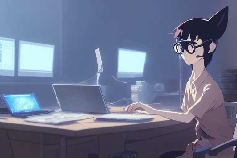 Image similar to a nerdy caracal is programming at a computer in a room full of gadgets, by makoto shinkai and ghibli studio, dramatic lighting, highly detailed, incredible quality, trending on artstation