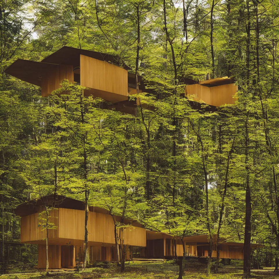 Image similar to architecture ad for a mid-century modern house in the middle of the forrest, designed by Kengo Kuma. Film grain, cinematic, yellow hue