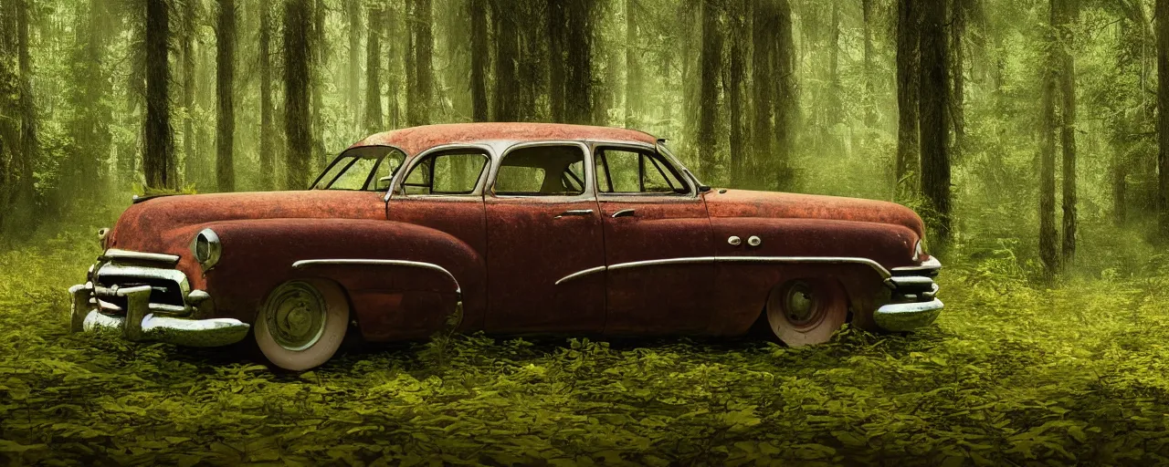 Prompt: Photograph of an abandoned rusty 1950's Buick in a forest, overgrown with vegetation, sun shining through the trees, crepuscular rays, uplight, realistic octane render, 8k, ultra detailed close up