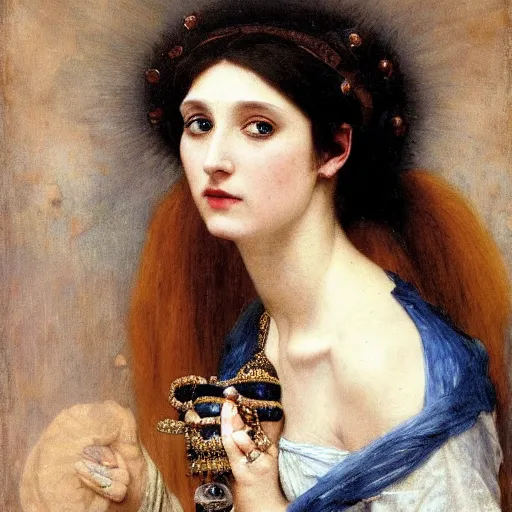 Prompt: a renaissance oil painting close shot face portrait by alma tadema of a demon vampire beautiful woman wearing sapphire jewellery, colourful pastel, detailed academic bouguereau, sharp focus, high contrast studio lighting