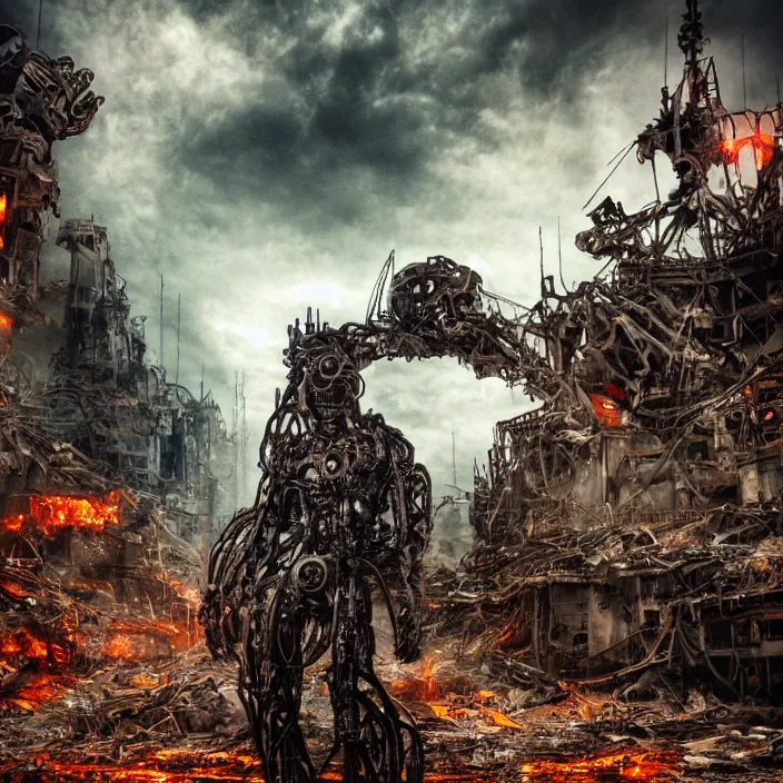 Prompt: gritty humanoid apocalyptic cyborg standing amongst destroyed machinery, hyper - detailed, sharp focus, 4 k ultra hd, fantasy dark art, apocalyptic art