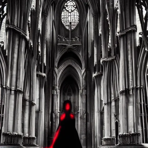 Image similar to movie shot, landcape, architectural shot, no decaying lines, background of an alabaster gothic cathedral, with long ephimeral windows with reflection of red flames, as subject a gothic woman with an intricate arabesque detailed black dressed, macro head face