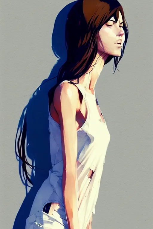 Image similar to a ultradetailed full body portrait of a woman dressed in a white tank top, by conrad roset, greg rutkowski and makoto shinkai trending on artstation