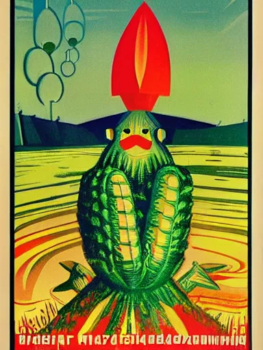 Prompt: a 1960s soviet propaganda poster about the dangers of corn monsters