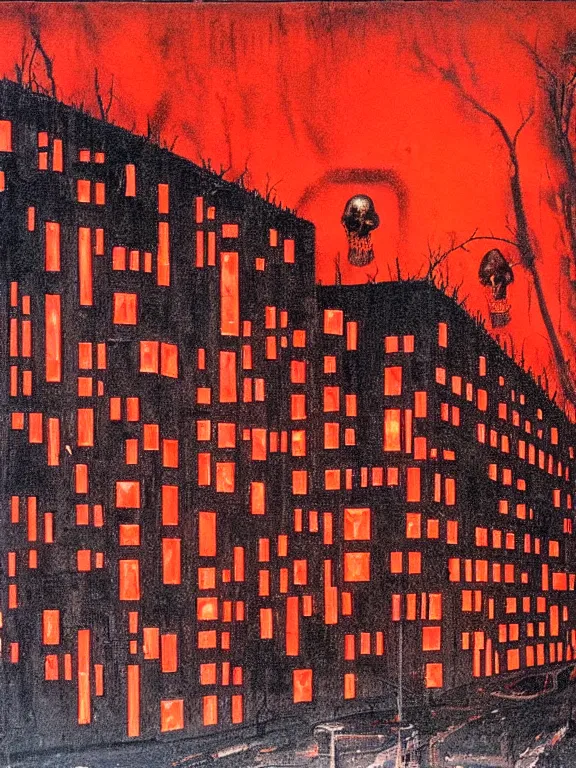 Image similar to painting by beksinsky, giger, bosch of soviet residential building, brutalism architecture, red lights are on windows, demons in adidas, hellish, dark night, hell fire, epic, street lamps as bones with orange light, several birches with skulls, veins wired, mega detailed