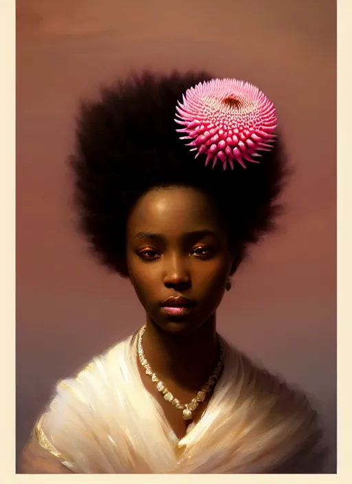 Prompt: stunning african princess, detailed pink and white protea head peace against a black backdrop by ivan aivazovsky, wlop, oil painting, beautiful soft lighting, muted colours, artstation