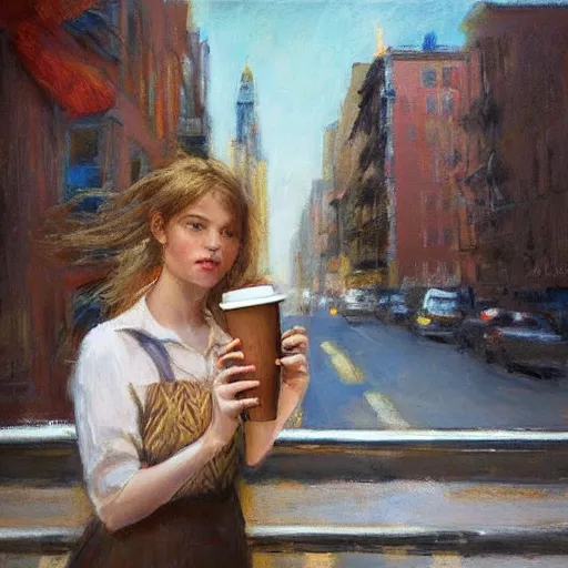 Image similar to “ a girl holding a cup of coffee sitting on a fire escape overlooking the east village in new york city, morning light, by daniel gerhartz ”