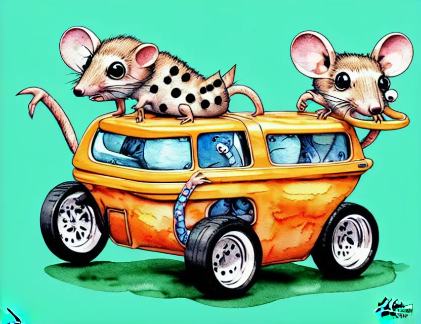 Image similar to cute and funny, quoll riding in a tiny hot rod with oversized engine, ratfink style by ed roth, centered award winning watercolor pen illustration, isometric illustration by chihiro iwasaki, edited by range murata, tiny details by artgerm and watercolor girl, symmetrically isometrically centered