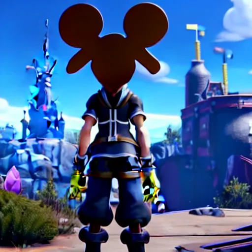 Prompt: Kingdom Hearts 3 as a First Person Shooter game, Sora with a gun, Fallout 4 inspired screenshot of kingdom hearts 3, uhd 4k, unreal engine 4, stunning visuals with rtx on, trending on artstation, Disney Square Enix and Fortnite Crossover