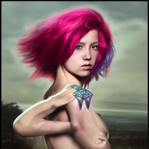 Image similar to beautiful warrior angel with pink hair, upper body, blue piercing eyes, mystery, beautiful aesthetic, by james jean, trending on artstation, 8 k, ultra realistic