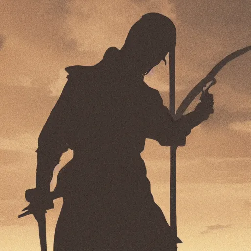 Image similar to a shadowy men standing while holding his sword 2 d