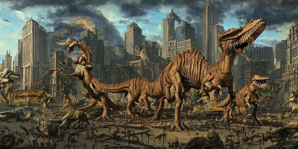 Prompt: A city of dinosaurs epic painting by James Gurney