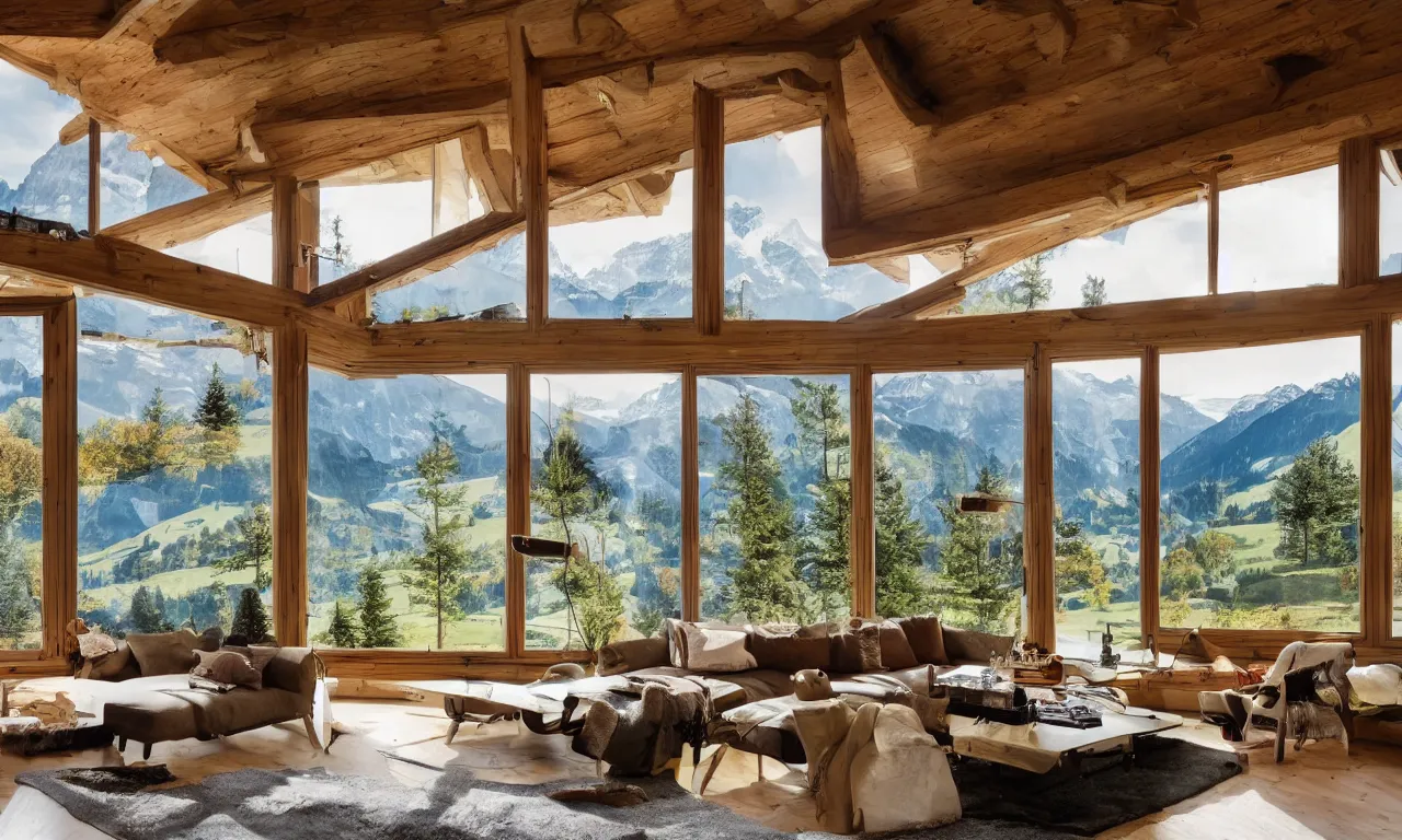 Image similar to fantastical living room with switzerland landscape in the window