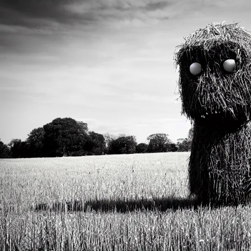 Image similar to a detailed hay monster in a field looking ominously at the camera