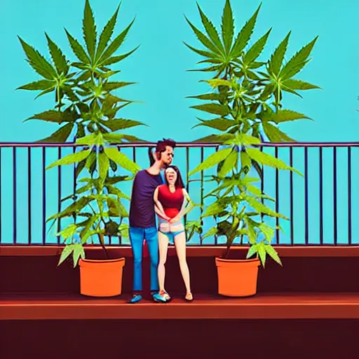 Prompt: couple happy on balcony. huge marijuana plant on balcony. sunny day. centered median photoshop filter cutout vector behance artgem hd jesper ejsing!