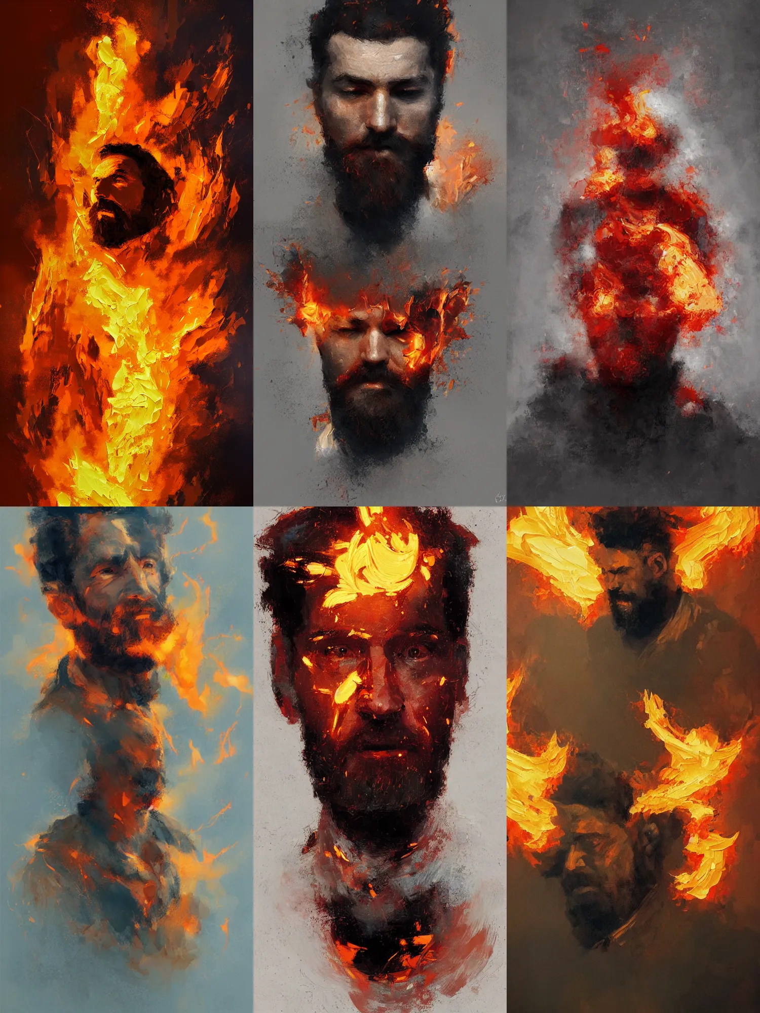 Prompt: abstract painting of man engulfed in flames, handsome. Bearded. by craig mullins, featured on artstation. Portrait. Soviet era pose