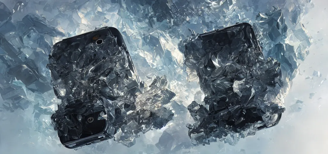 Image similar to wide angle shot of an iphone melted with a diamond, hd, volumetric lighting, 4 k, intricate detail, by jesper ejsing, craig mullins