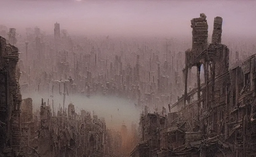 Image similar to A detailed painting of a devastated city whatched by a big skull madr in thr style of Beksinski