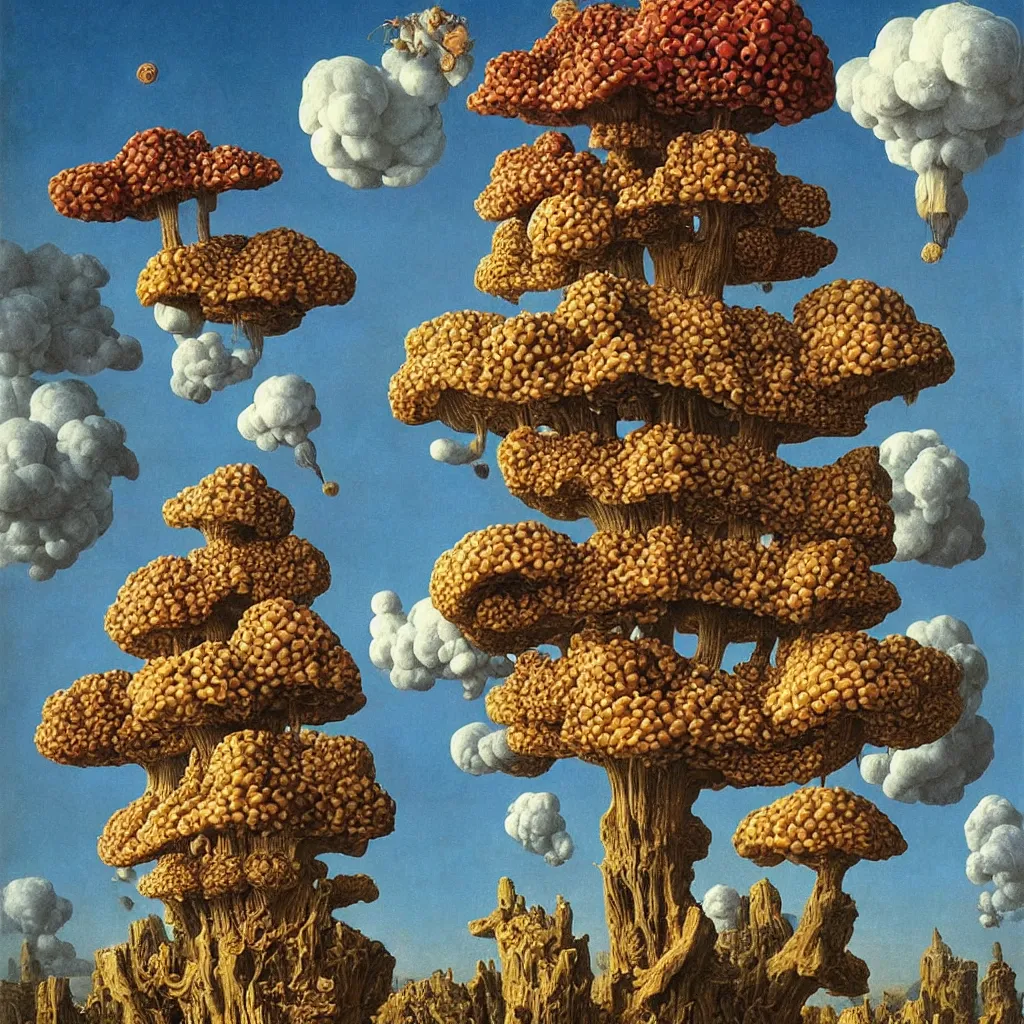 Prompt: a single colorful! ( lovecraftian ) fungus tower white! clear empty sky, a high contrast!! ultradetailed photorealistic painting by greg hildebrandt, jan van eyck, audubon, rene magritte, agnes pelton, max ernst, walton ford, andreas achenbach, ernst haeckel, hard lighting, masterpiece