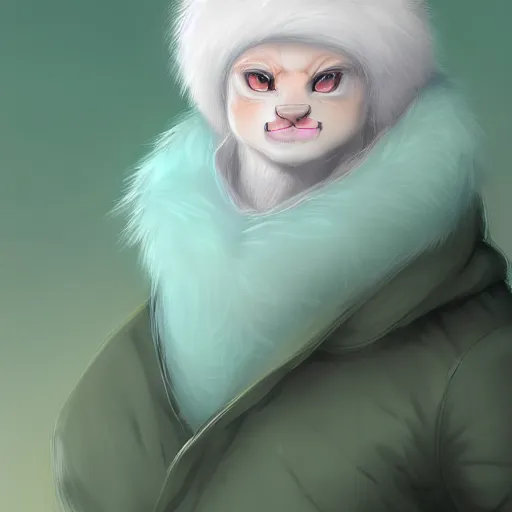 Image similar to aesthetic portrait commission of a albino male furry anthro lion wearing a cute mint colored cozy soft pastel winter outfit, winter atmosphere. character design by chunie, kristakeshi, sigmax, ross tran