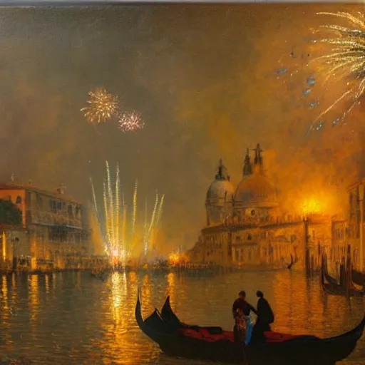 Image similar to an oil painting of couple kissing, in a background fireworks in venice