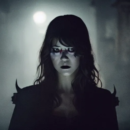 Image similar to intense medium shot of mary elizabeth winstead as a vampire in a gothic cathedral at night, gloomy, cinematic, ground mist, volumetric light.