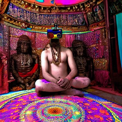 Image similar to An Indian Sadhu Saadhu wearing a cyberdelic psychedelic Oculus virtual reality headset sitting on a rug in a Dravidian temple, psionic powers