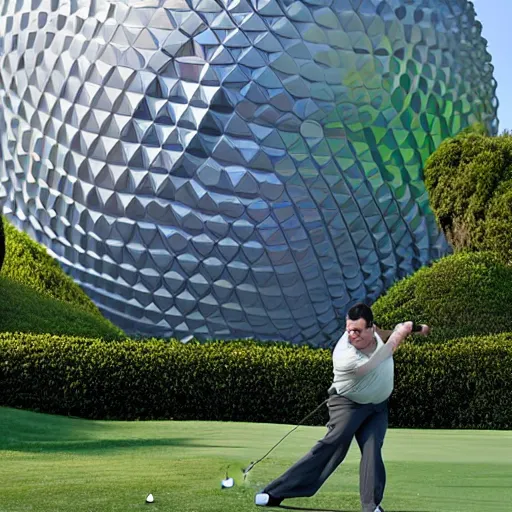 Image similar to a giant playing golf using the spaceship earth attraction at epcot as the ball in real life, highly detailed, extremely high resolution, ultra realistic