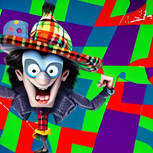Image similar to a madhatter looking through an M shaped hole directly at the camera, pixar animations. 3D, spooky, funny, cute, tartan hat, 16k resolution, looney tunes