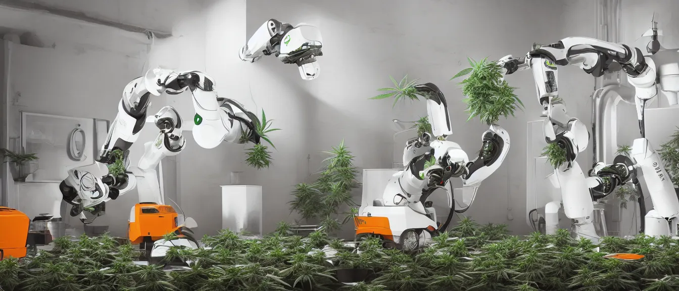 Image similar to three large white glossy kuka industrial robot harvesting a cannabis micro growery inside a fancy living room with retro modern furniture and decor, global illumination, artstation, fantasy, volumetric light