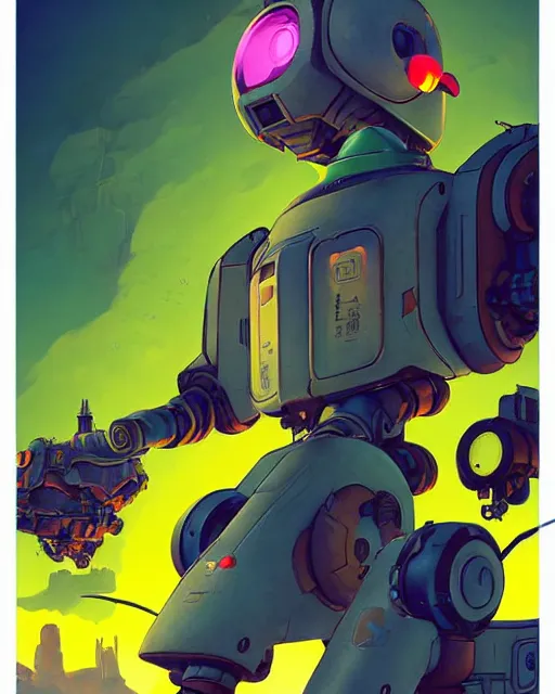 Image similar to bastion the friendly robot from overwatch, with his pet bird, character portrait, portrait, close up, concept art, intricate details, highly detailed, vintage sci - fi poster, retro future, in the style of chris foss, rodger dean, moebius, michael whelan, katsuhiro otomo, and gustave dore