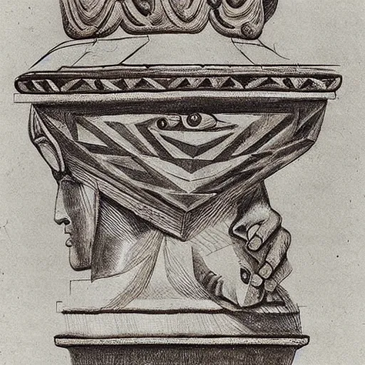 Prompt: an ethnographic object from an unknown indigenous tribe, in the style of corinthian capital by giocondo albertolli ( italian 1 7 4 2 - 1 8 3 9 ). medium : pen and brown ink, brush and gray wash on laid paper