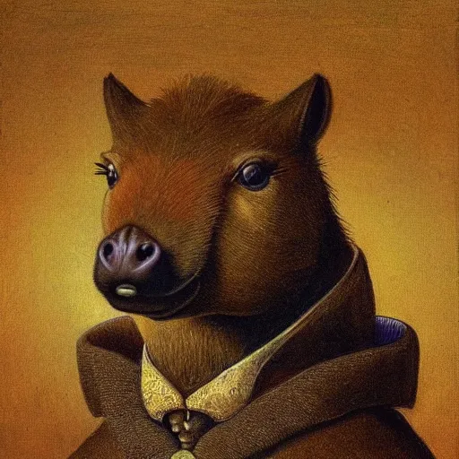 Image similar to sauve capybara wearing formal attire, portrait, painting, vivid colours, Renaissance, detail, da vinci