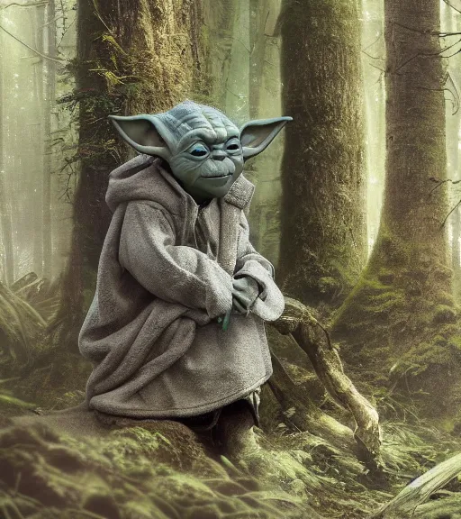 Image similar to 5 5 mm photo of a real life yoda in a forest. magical atmosphere. art by greg rutkowski. lifelike. very detailed 8 k. intricate. soft light. nikon d 8 5 0.