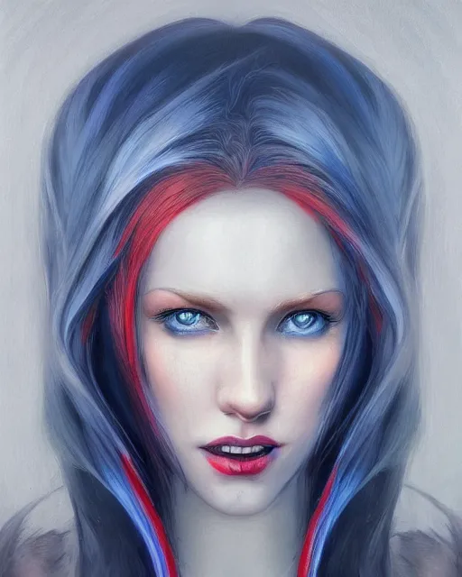 Prompt: A detailed matte oil on canvas head on symmetrical portrait of a beautiful distinguished elven woman with split red and blue hair on an empty background, by Charlie bowater, Wlop, trending on artstationhd, dungeons and dragons art, parted hair , half blue, half red , split dye, critical role