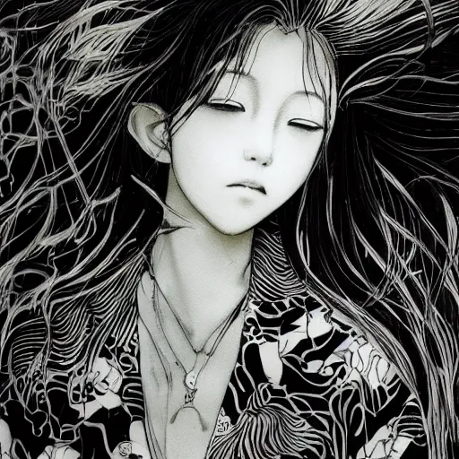 Prompt: Yoshitaka Amano blurred and dreamy illustration of an anime girl with black eyes, wavy white hair fluttering in the wind and cracks on her face wearing black and white hawaiian shirt, abstract black and white patterns on the background, noisy film grain effect, highly detailed, Renaissance oil painting, weird portrait angle