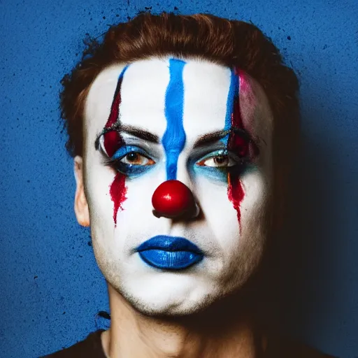 Image similar to profile picture of a man with clown makeup wearing a blue shirt with bloody handprints on a white background, line art, svg